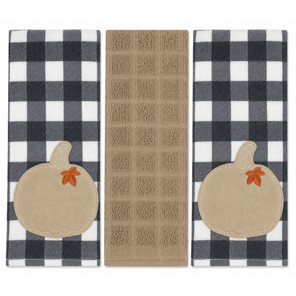 Serafina Home Farmhouse Fall Decor Kitchen Dish Towels Set: Grey and White Check Pattern with Tan Pumpkin Applique Set Of Three