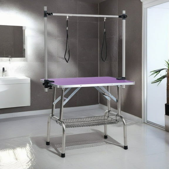 Demi Bonn 36" Dog Pet Grooming Table, Adjustable Arm Foldable Non-Slip Top, Rust-Proof, Waterproof, Warp-Free Trimming Table for Pets, Purple