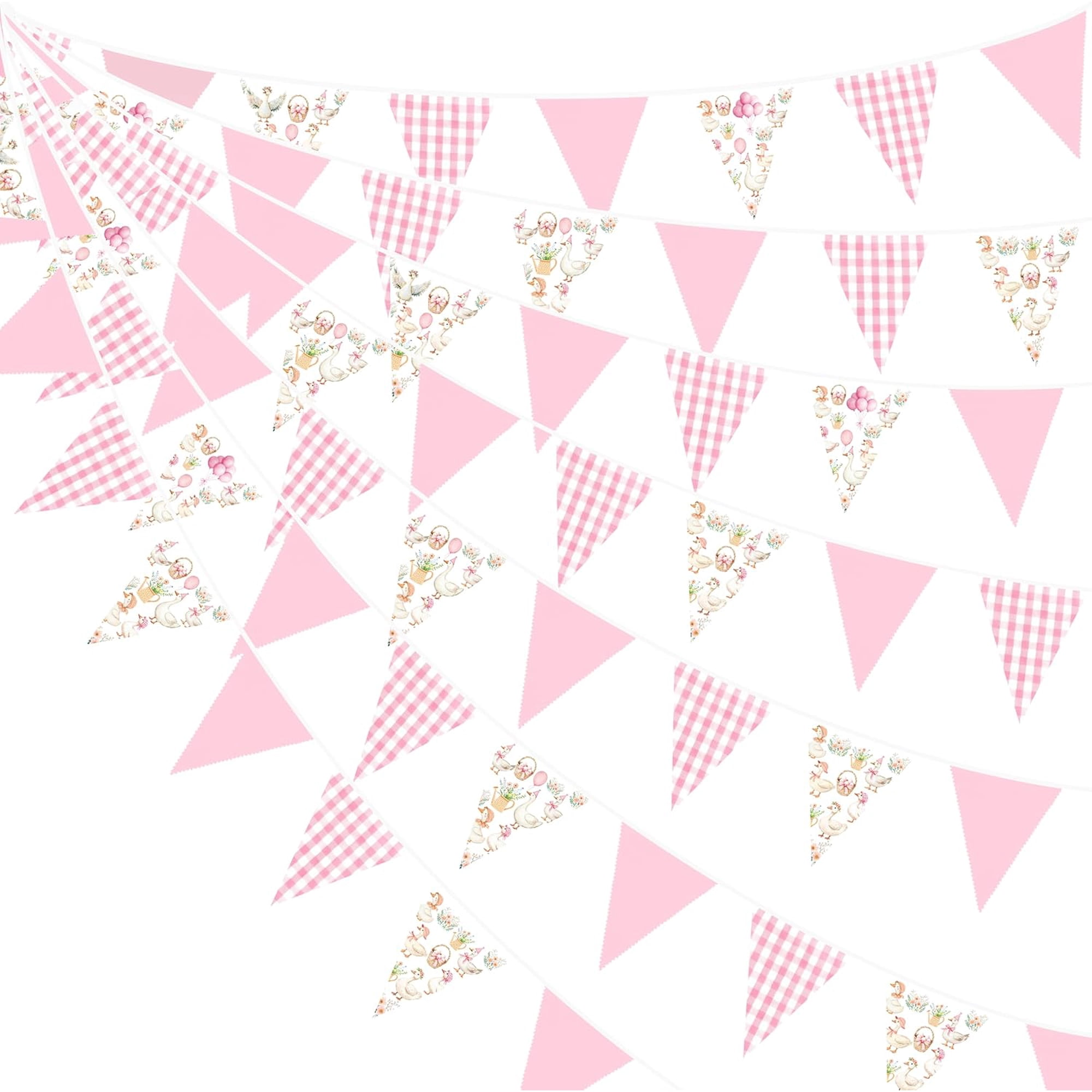 32Ft Goose Party Decorations Pink Gingham Plaid Silly Goose Themed Fabric Banner Triangle Pennant Flag Garland Streamers for Kids Girls Farm Animals First Birthday Baby Shower Duck Garden Supplies