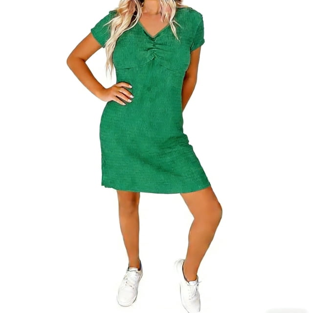 Elegante Vestido Corto con Cuello en V de Manga Corta Diseño de Moda Casual para Primavera Verano, Pantalones Cortos de Vestido de las Mujeres para el Uso Diario