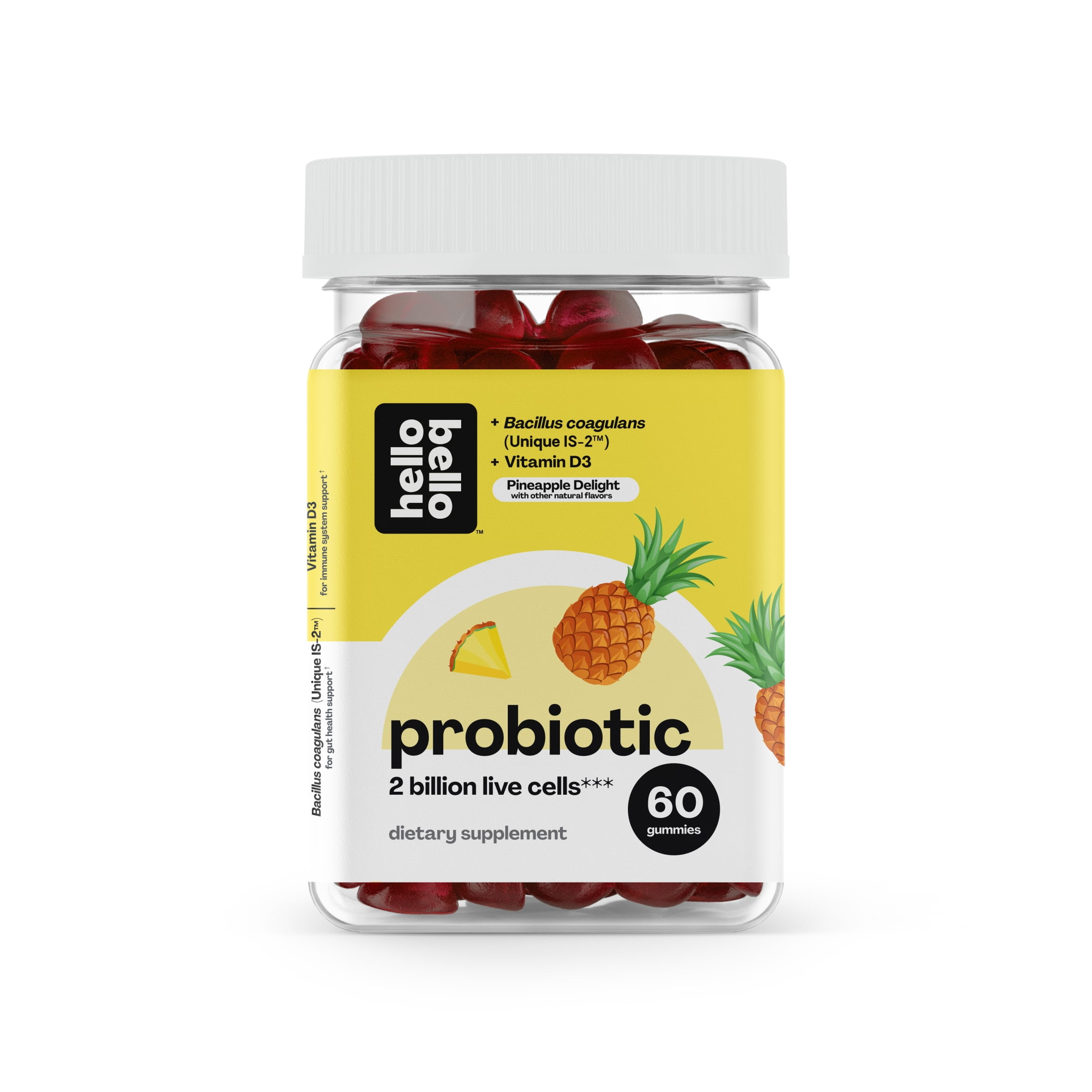Hello Bello Probiotics I Vegan and nonGMO Natural Pineapple Flavor Gummies I Made with 2 Billion Live Cells and Vitamin D3 for Optimum Gut Health I 60 Count