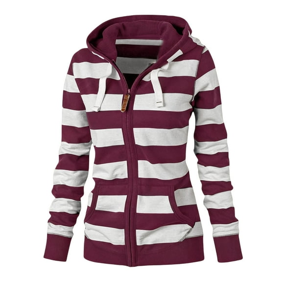 Miluxas Womens Zip up Hoodies Casual Oversized Striped Hoodies Sweatshirts Plain Zipper Classic Hooded Jackets with Pockets Wine XL(XL)