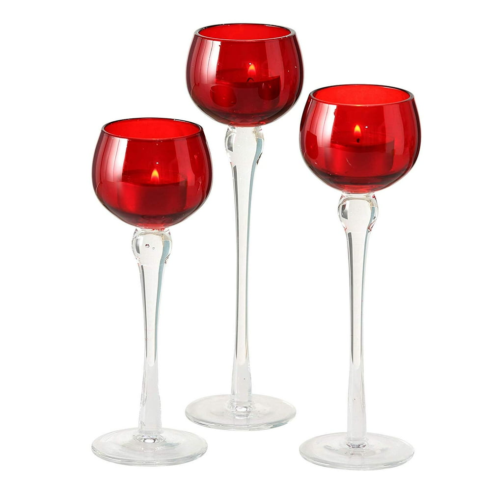 Baby Red Long Stem Candle Holders, Set of 3, Clear Riser, Hand