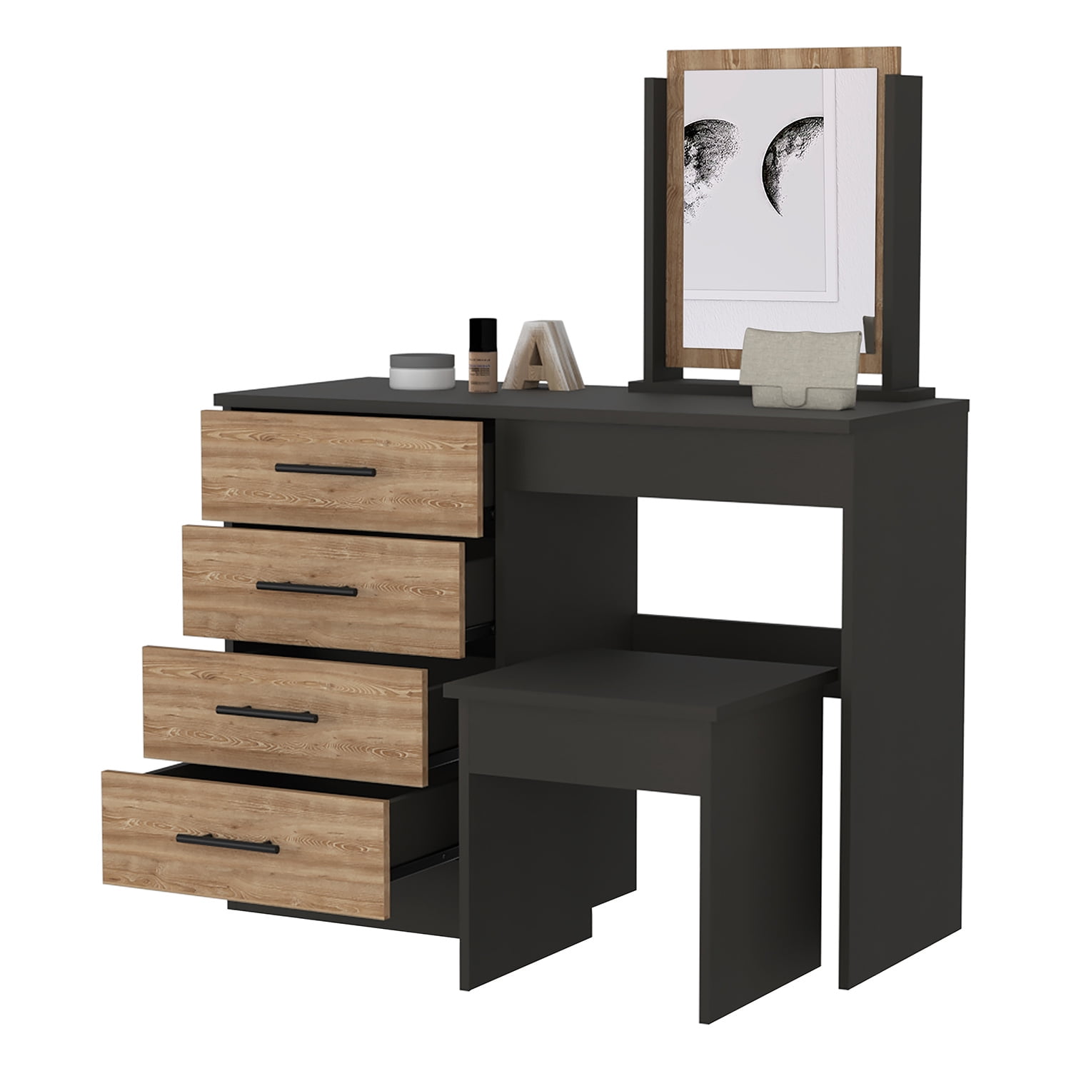 Resenkos 4-Drawer Makeup Dressing Table, Makeup Vanity Set with Stool, Black