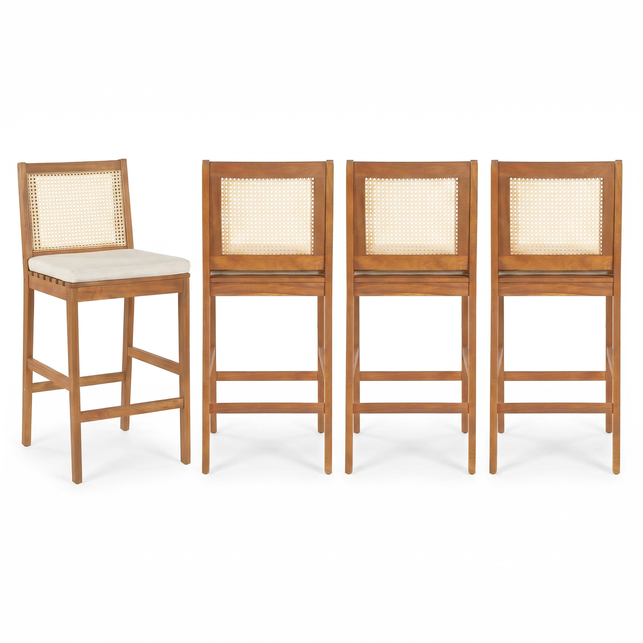 Christopher Knight Home Set of 4 Outdoor Bar Stools with Cushions, Wicker Backrests, Teak + Beige