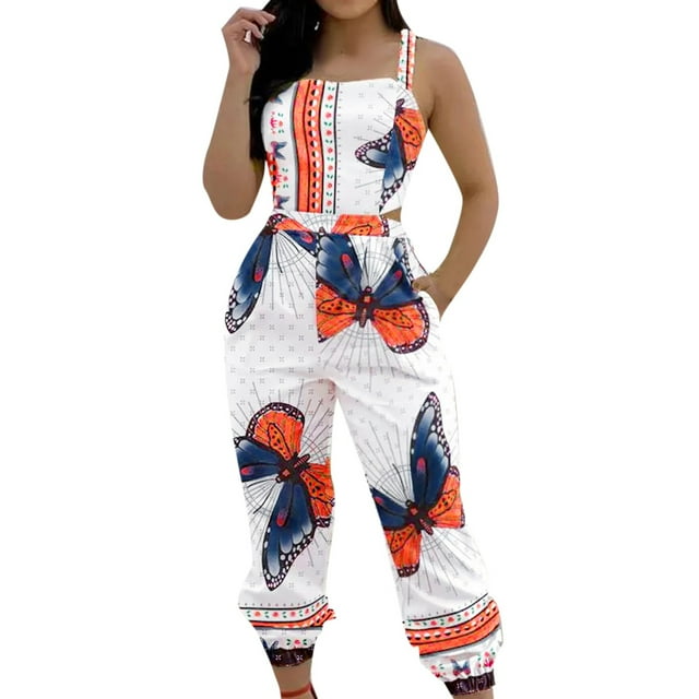 Gibobby Mono Bombachos Mono de tirantes con estampado de moda de verano para mujer(Blanco, XXL)