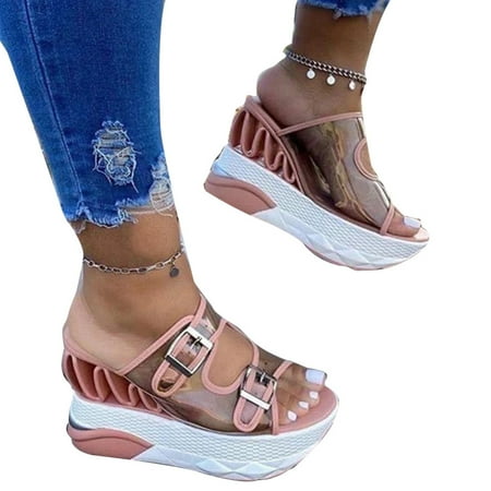 

Thick Platform Heeled Shoes For Women Max Cushioning Sandals With Clear Strap Closure For Vacation Daily Black 43