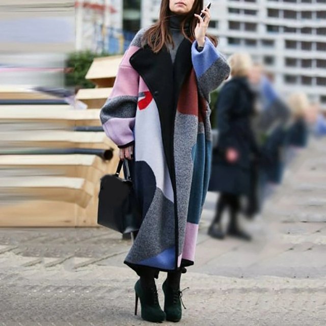 PENGXIANG Women Color Block Lapel Printed Trench Coat Double-faced Woolen Coat Jacket