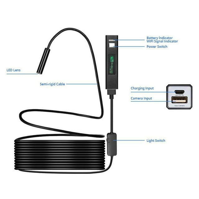 ziyahi WIFI Endoscope Camera Mini Waterproof Cable USB Borescope 5m Hard Cable
