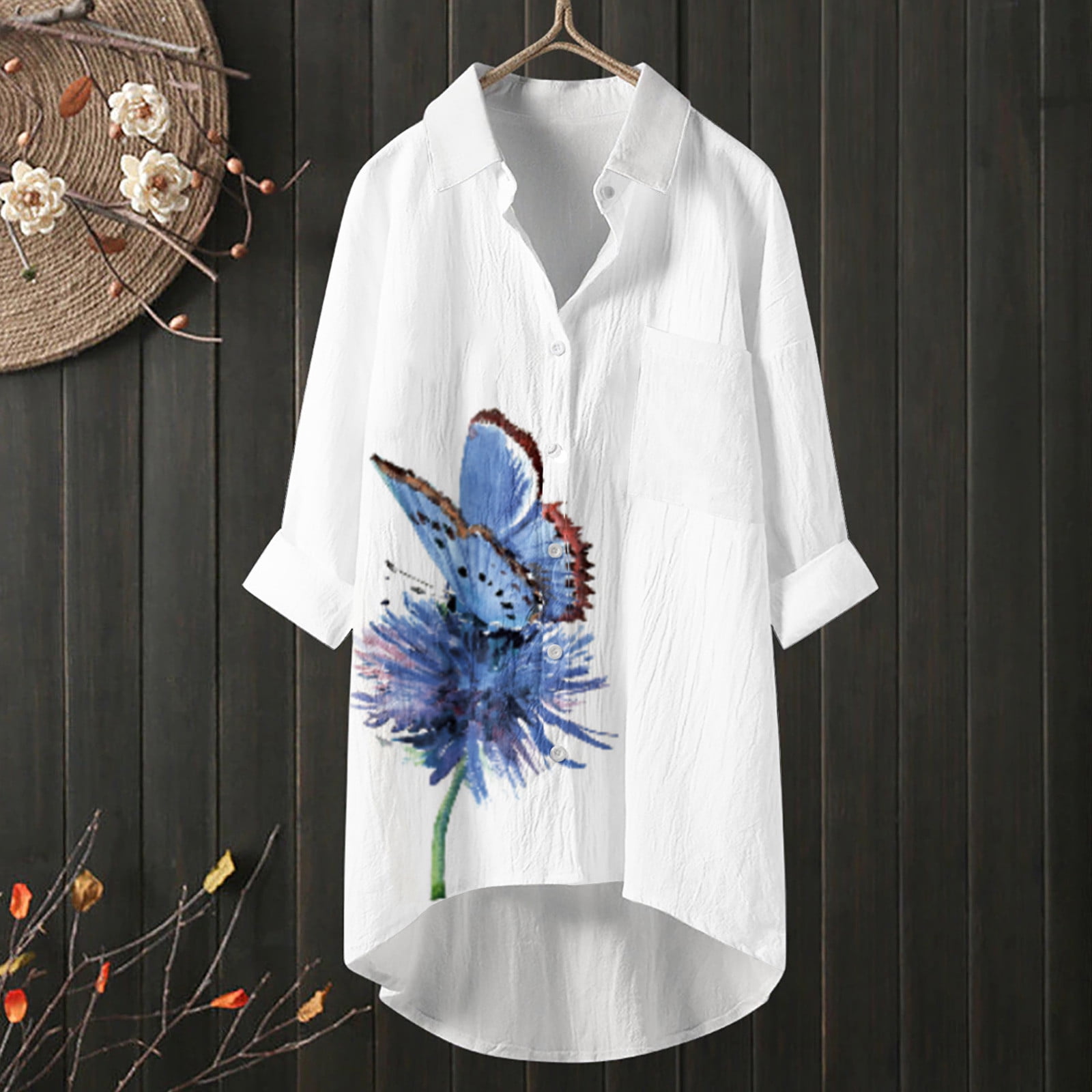 Women's Fashion Casual Long Sleeve Button Lapel Print Pocket Top Plus Size Blouses Shirt Dressy for Fall