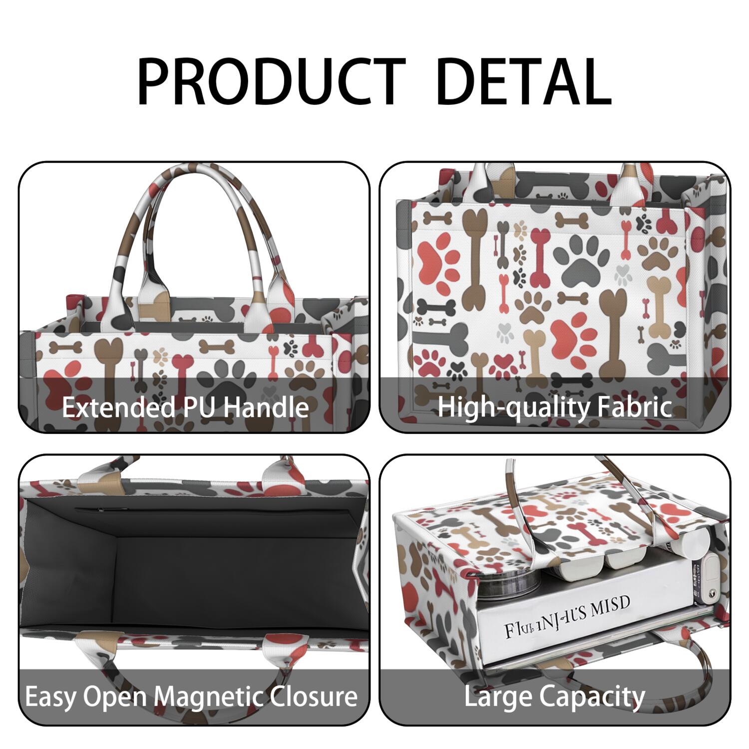 Large Capacity Tote Bag,Paw Prints and Bones Handbag Fashion Luxury Tote Bag,15.7"x13"x 5.1" Inches,Laptop Compatible