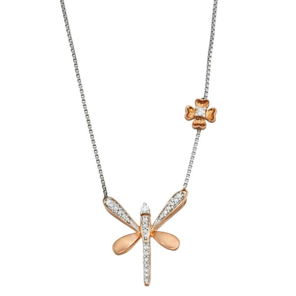 1/5 Cttw Dragonfly Shaped Pendant Necklace Crafted in Rose Gold Plated Sterling Silver for Women, 18"