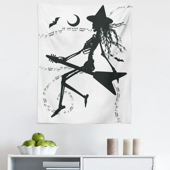 Music Tapestry, Witch Flying on Electric Guitar Notes Bat Halloween Illustration, Fabric Wall Hanging Decor for Bedroom Living Room Dorm, 5 Sizes, Black White, by Ambesonne