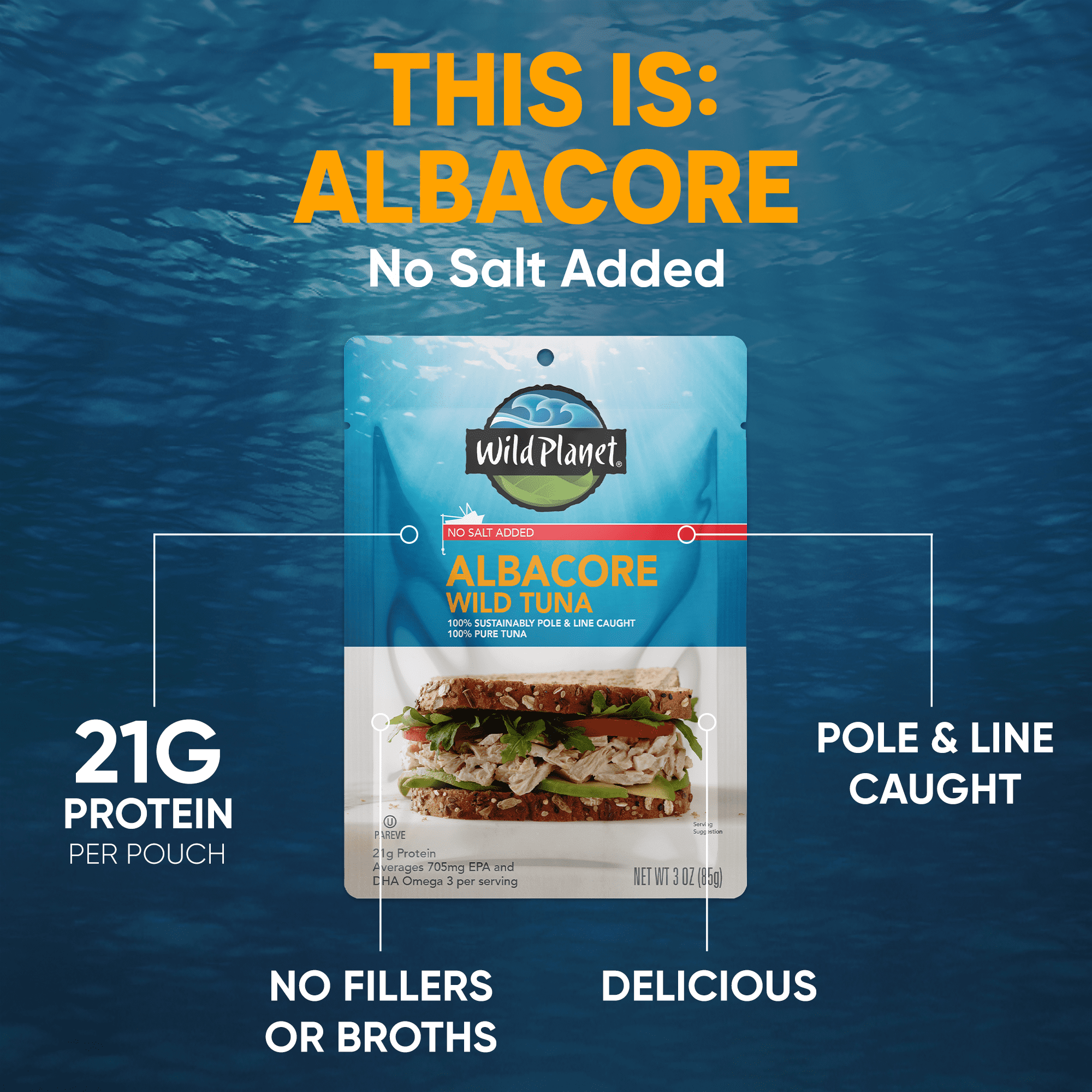 (4 pack) Wild Planet Albacore Wild Caught Tuna, No Salt Added, 3 oz Pouch