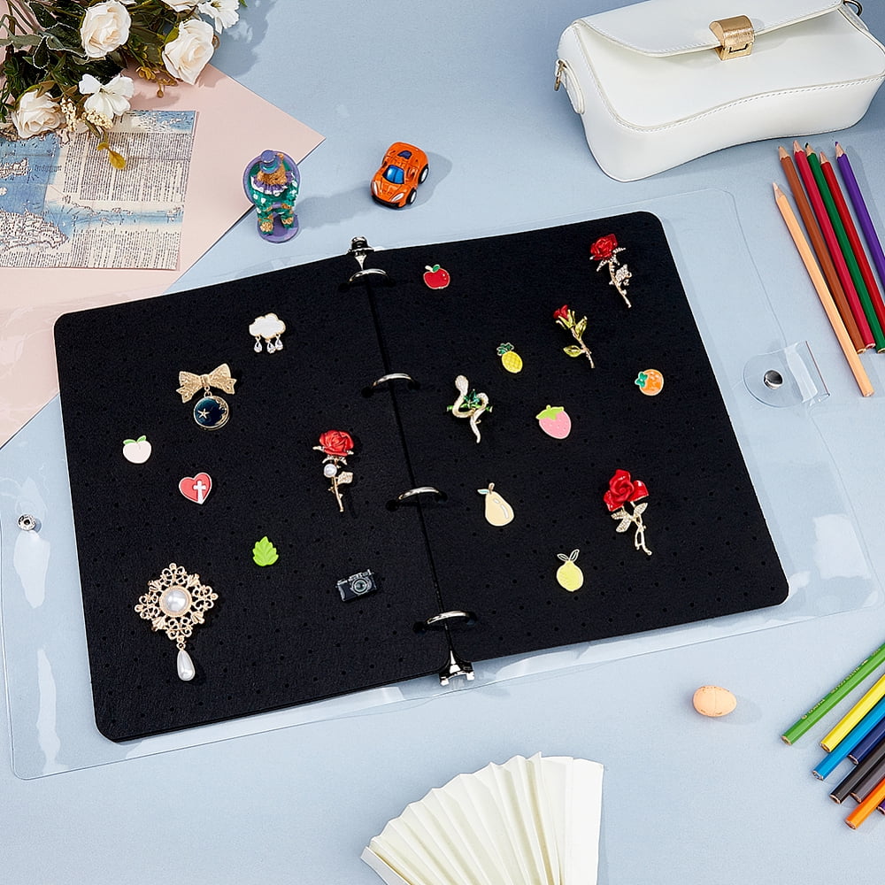 6 Pages Felt Brooches Collection Binder Book with Rectangle PVC Binder Cover and Iron Binder Rings Black 31.7x25.8x3.1cm