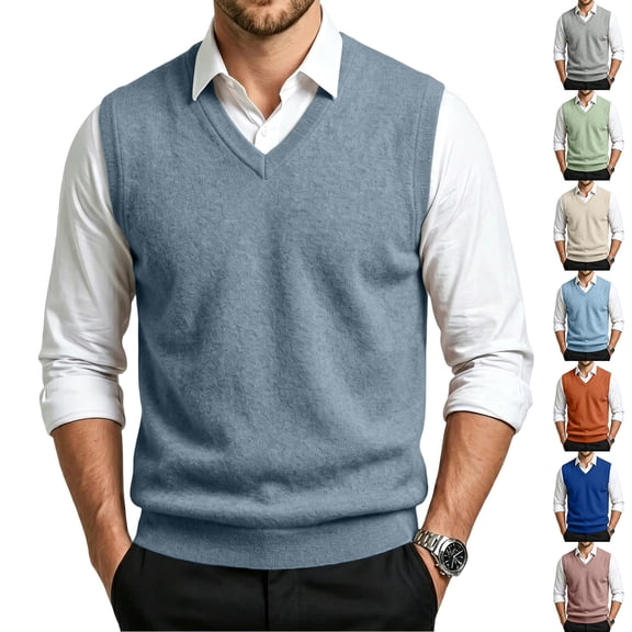 CCRFTGI Mens V Neck Sweater Vest Lightweight Casual Knitted Sleeveless Pullover Sweater Soft Business Sweater Vest Blue S