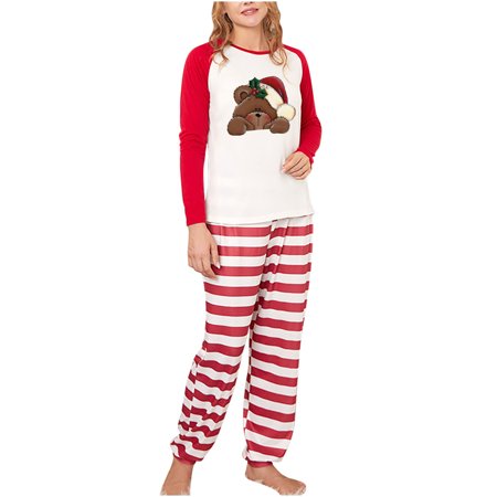 

KEJIG Stylish Parent-Child Warm Christmas Suit Striped Stitching Home Clothes Pajamas Long-Sleeved Trousers Two-Piece Set（Mom）
