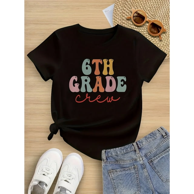T-Shirt en Coton à Manches Courtes Style Équipe pour Filles de 6e Année - Haut Décontracté à Col Rond Doux avec Lettrage Géométrique Coloré, Confort Toutes Saisons pour les 6-14 Ans, Chemises pour Filles