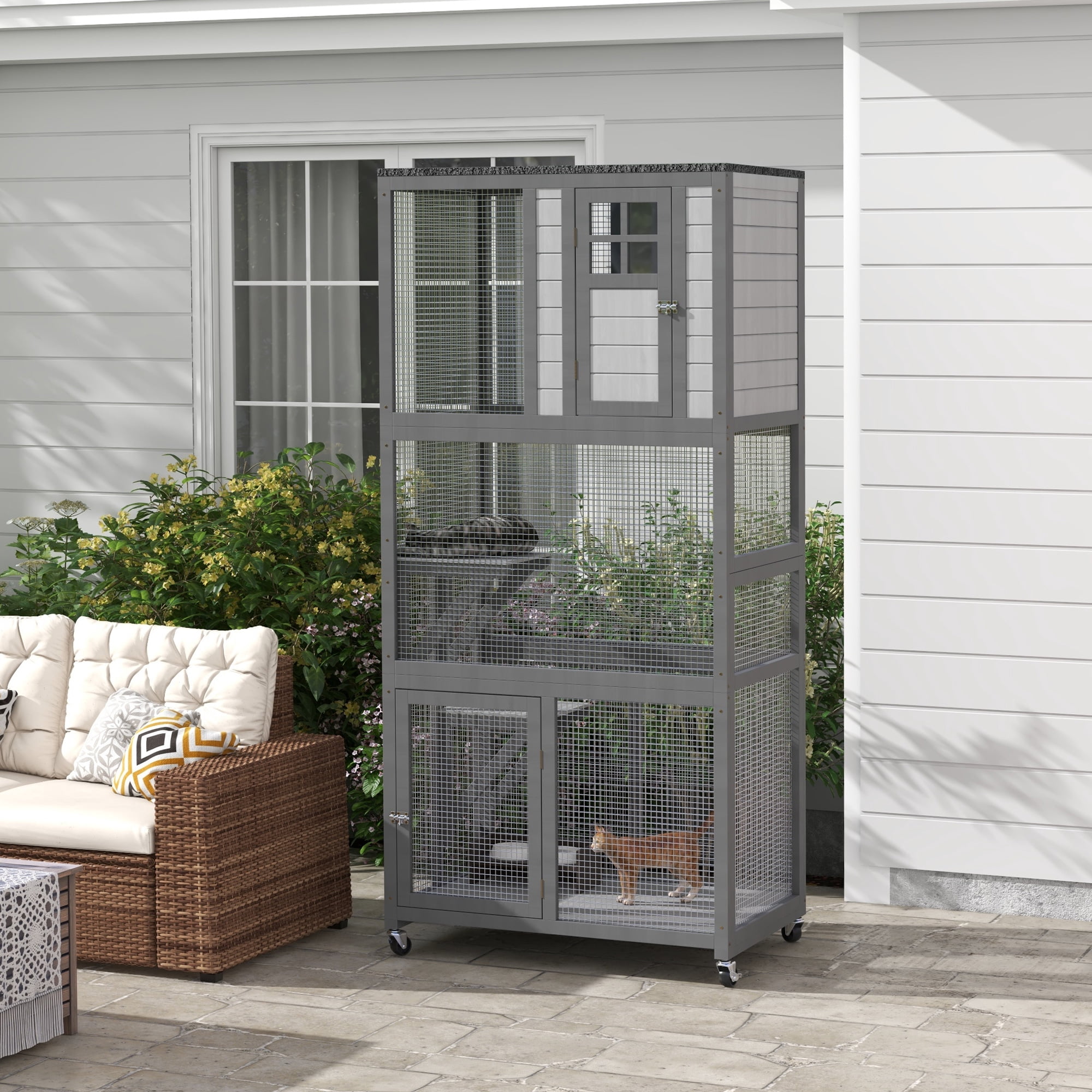 74" Wooden Catio Outdoor Cat House Weatherproof & Wheeled, Outside Cat Enclosure with High Weight Capacity, Kitten Cage Condo, Light Gray