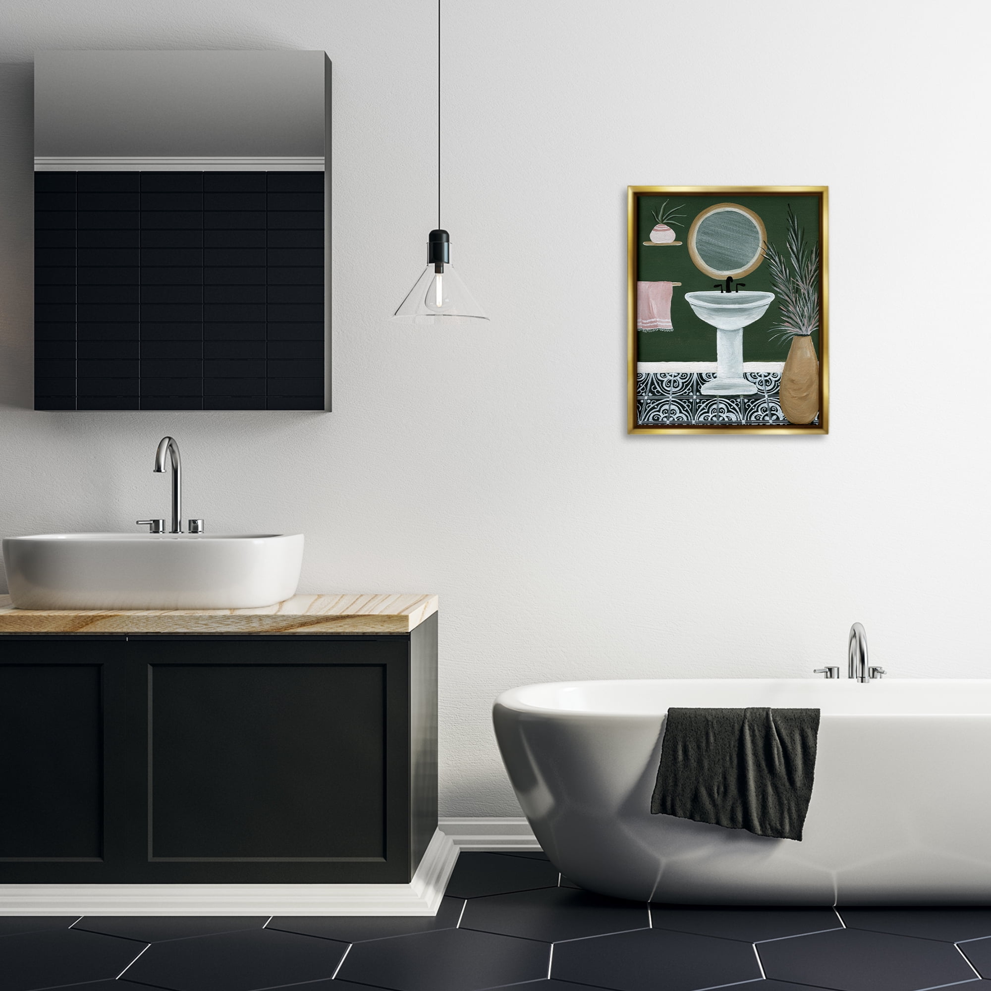 Stupell Industries Chic Green Bathroom Typography Painting Gold Floater Framed Canvas Art Print Wall Art, 17 x 21