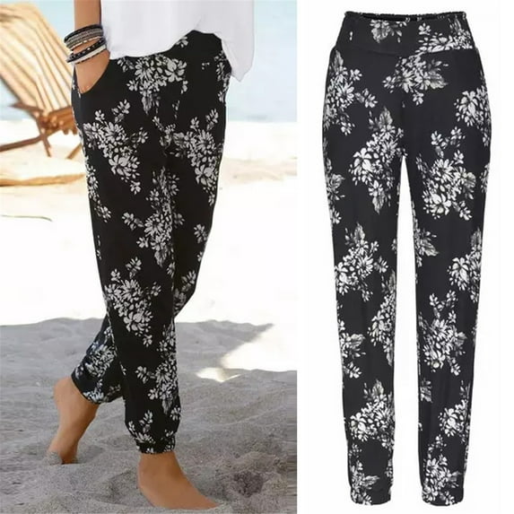 ClodeEU Women High Waist Pants Pockets Vacation Casual Printing Long Pants