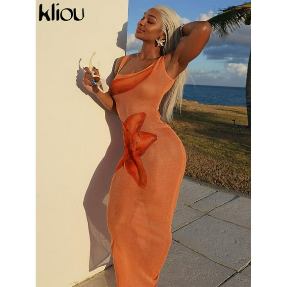 kliou Summer Women Beach Style Tencel Chiffon Maxi Dress K24D44230 Girl Print Tanks Sleeve Slim Hip Robe Miss Orange Vestido