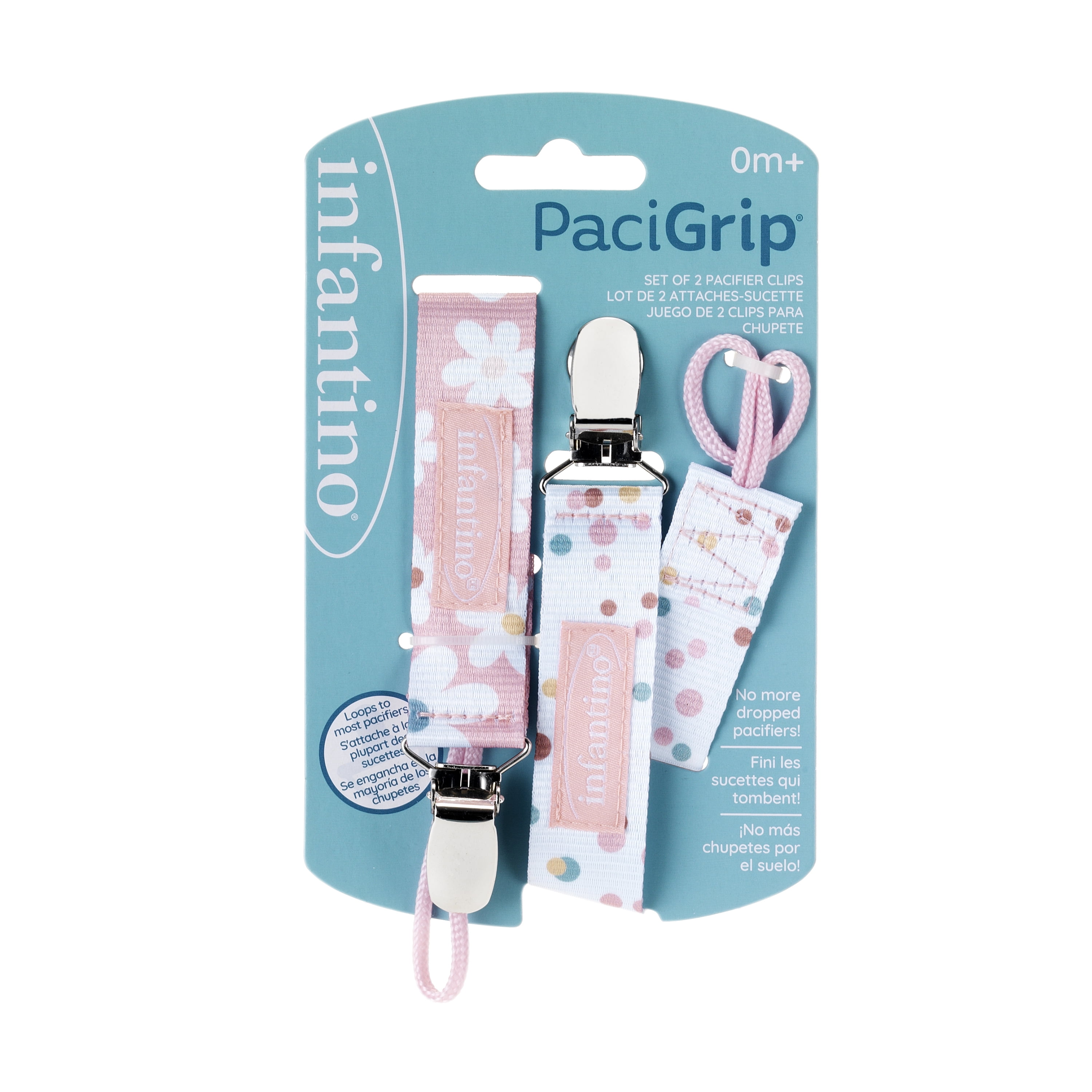 Infantino Pacigrip Universal Pacifier Clips for Infant & Toddler, Bubbly Pink Daisy, 2-Pack