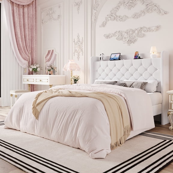 Einfach Queen Bed Frame, Upholstered Platform Bed with Storage Wingback Headboard and Fast Charging Hub, No Box Spring Required, White
