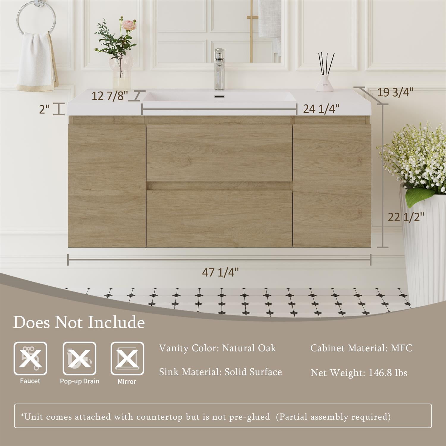 Demi Bonn 48" Floating Bathroom Vanity with Sink, Resin Top Basin and 2 Soft Close Drawers, 2 Storage Cabinet, Faucets and Drains Not Included, Brown