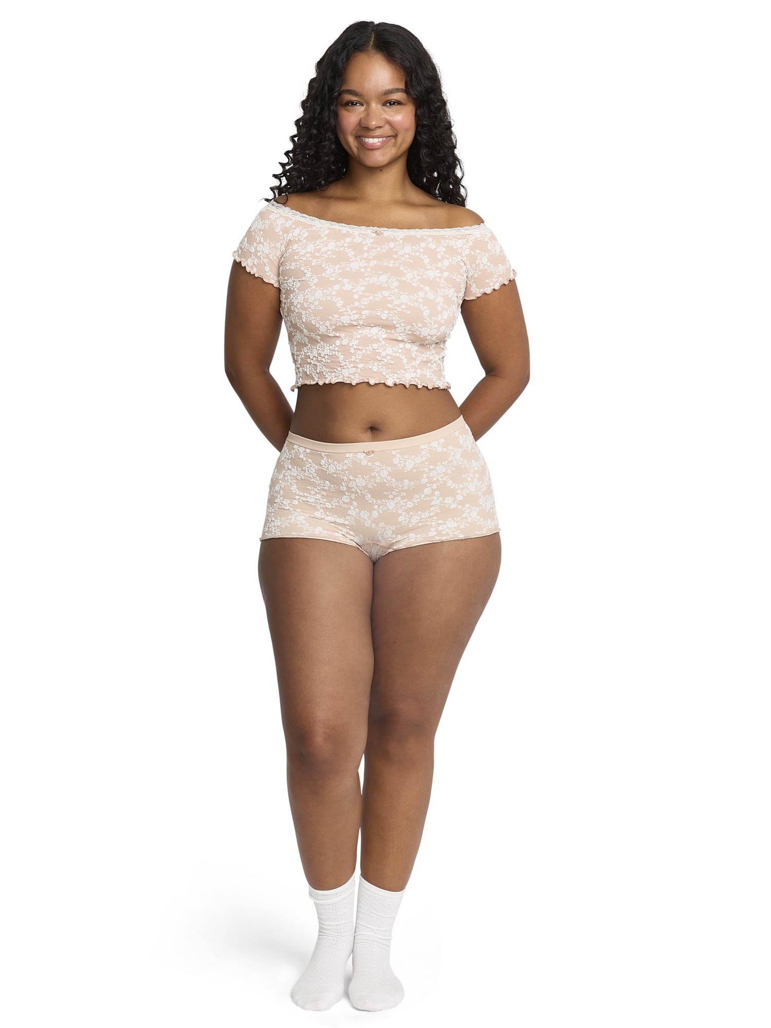 Mills by Millie Bobby Brown Women's Floral Seamless Off-Shoulder Crop Top, Sizes XS-XXXL