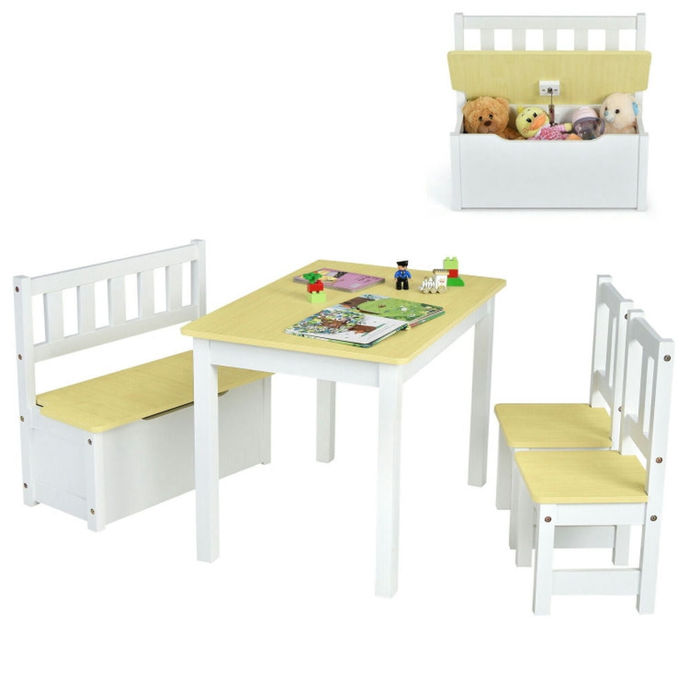 Barara King Toddler Table Chairs Set,Kids Play Table Set,4 Pieces Kids Wooden Activity Table and Chairs Set with Storage Bench and Study Desk-Natural
