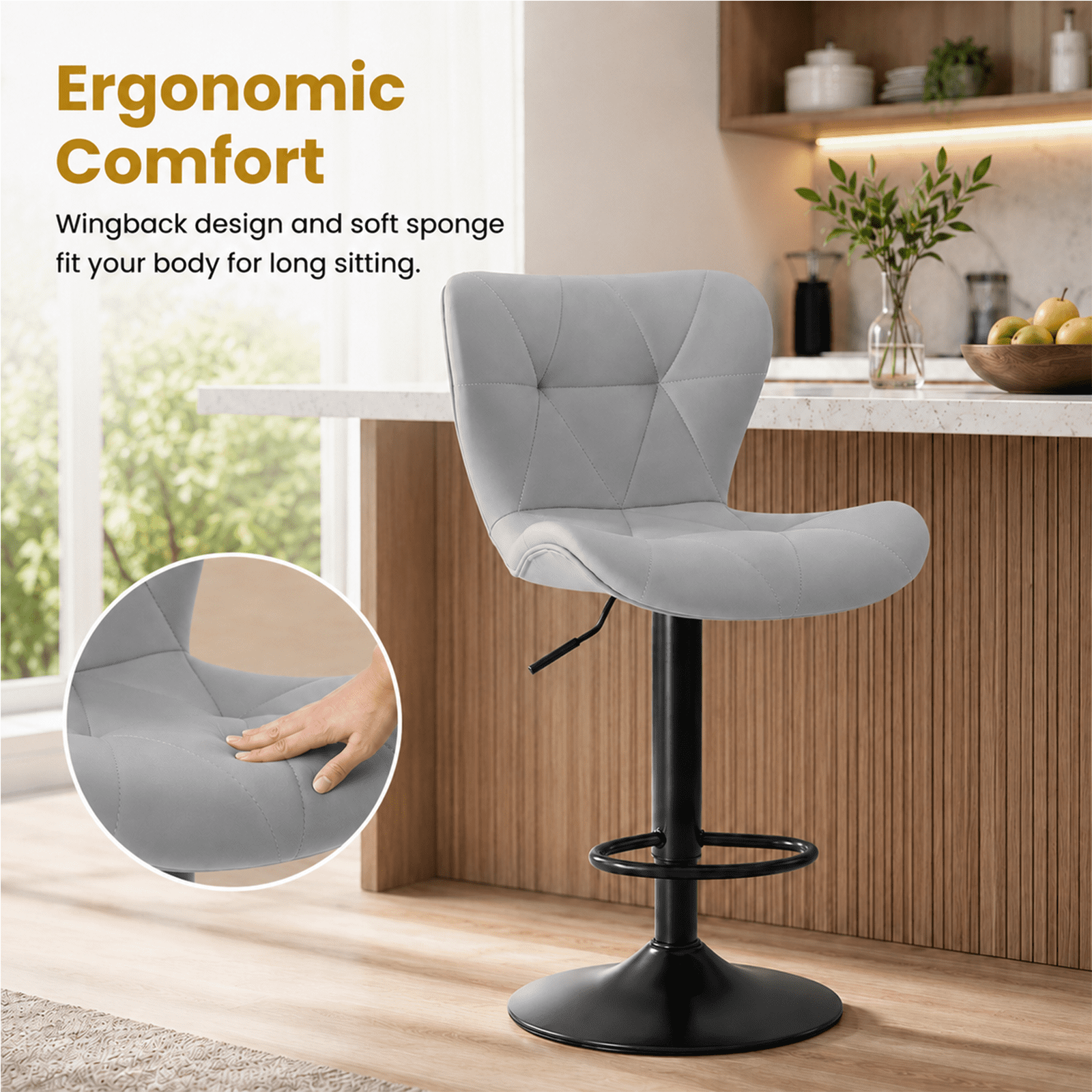 Alvantor Bar Stools Set of 2, Adjustable Swivel Barstools, Fabric Upholstered Barstools Counter Height with Backrest for Bar and Kitchen Island