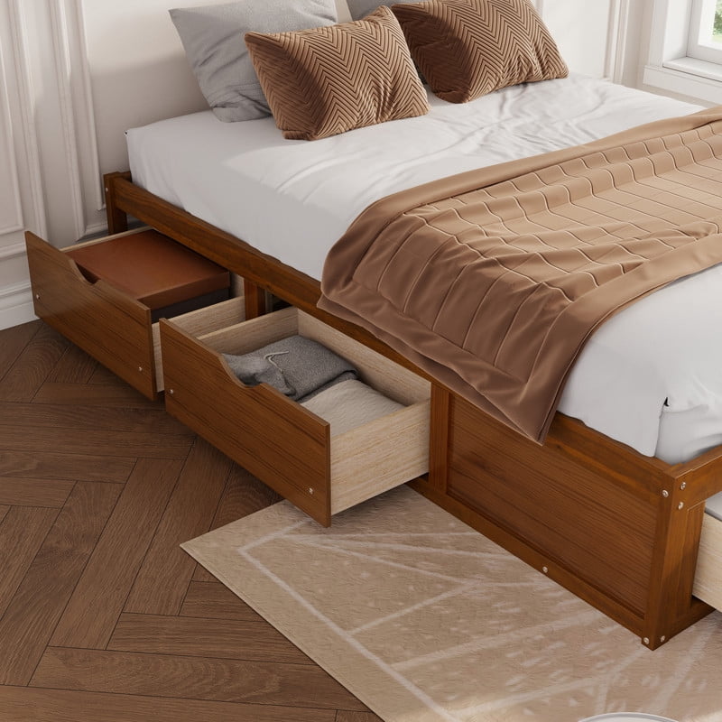 Queen/King Size No Box Spring Required Platform Bed with No Headboard, Wooden Storage Bed Frame with 6 Drawers