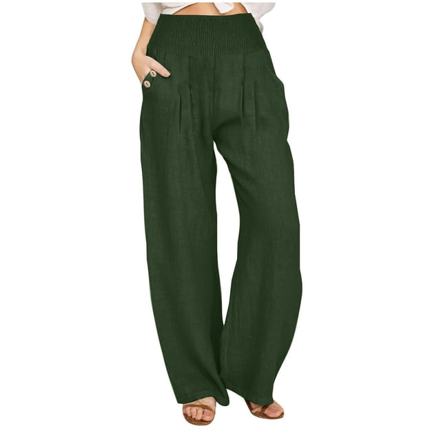 Chbgutlmr Wide Leg Pants for Women High Waist Cotton Linen Smoked Ruched Button Lounge Pants Trousers