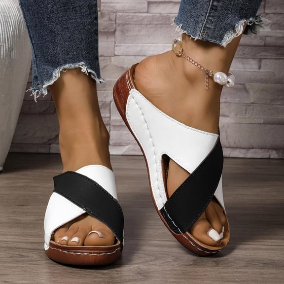 Bxsruta Contrast Color Strappy Sandals with Thick Wedge Sole, Easy Slip-On Design for Women's Beach & Vacation Wear