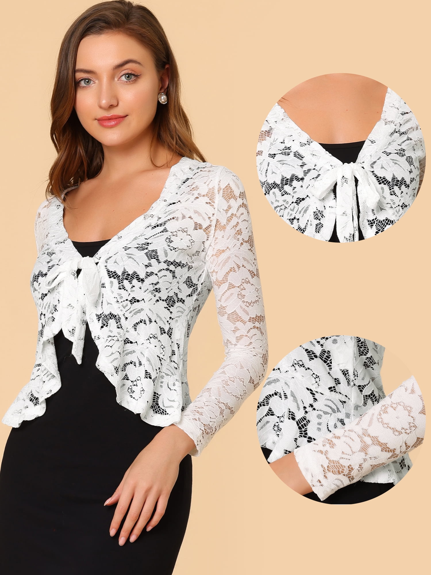 DARING DIVA Women's Ruffled Hem Floral Lace Crop Shrug Cardigan XX-Large White