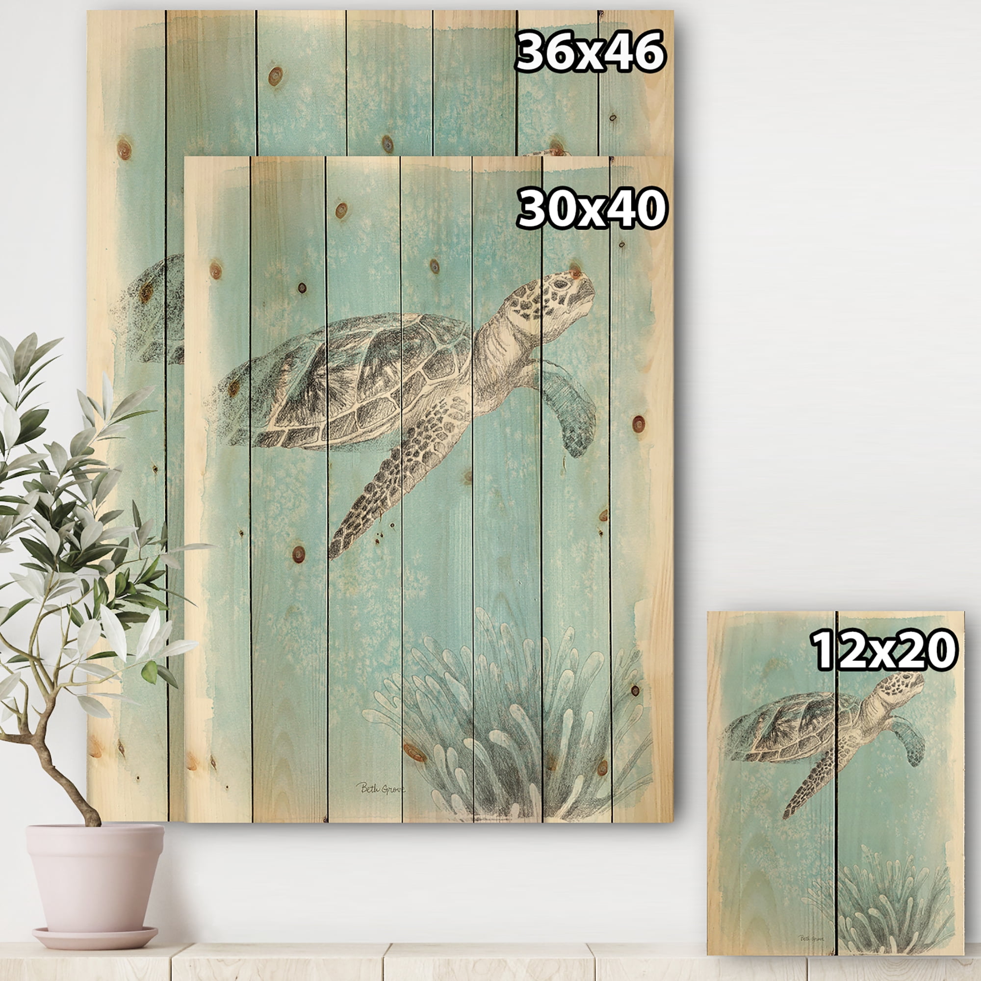 Designart 'Coastal Sea Life I Turtle sketches' Nautical & Coastal Print on Natural Pine Wood