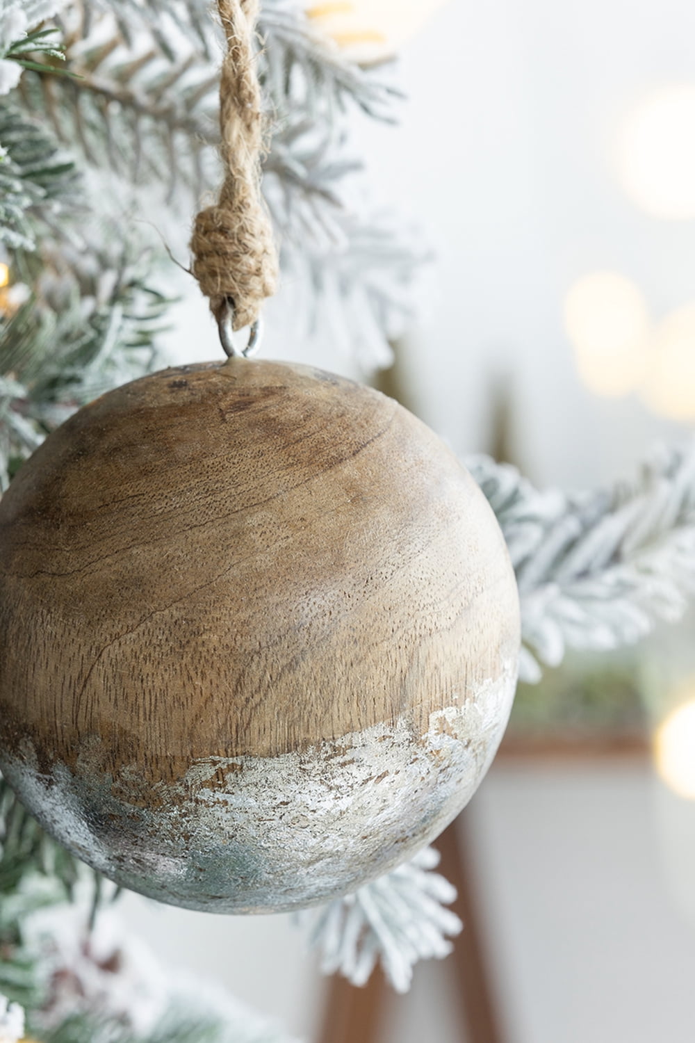 Set of 4 Natural Wood and Antiqued Silver Ball Ornaments Mango Wood Jute Hanger Tree Decor