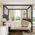 thumbnail image 3 of Full Canopy Bed Frame with Upholstered Headboard, Four Poster Design, Button Tufted, and Slide Rail, No Box Spring Required, Wooden Slatted Structure, Gray, 3 of 7