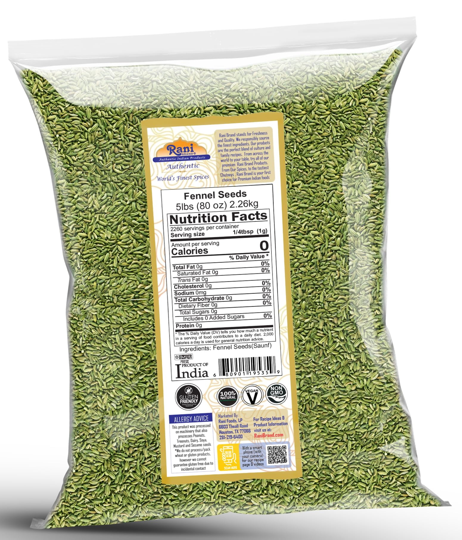 Rani Fennel Seeds (Saunf Sabut) Whole Spice 80oz (5lbs) 2.27kg Bulk ~ All Natural | Gluten Friendly | NON-GMO | Kosher | Vegan | Indian Origin
