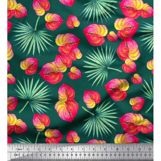 Soimoi Silk Fabric Leaves & Laceleaf Floral Print Sewing Fabric Yard 42 Inch Wide