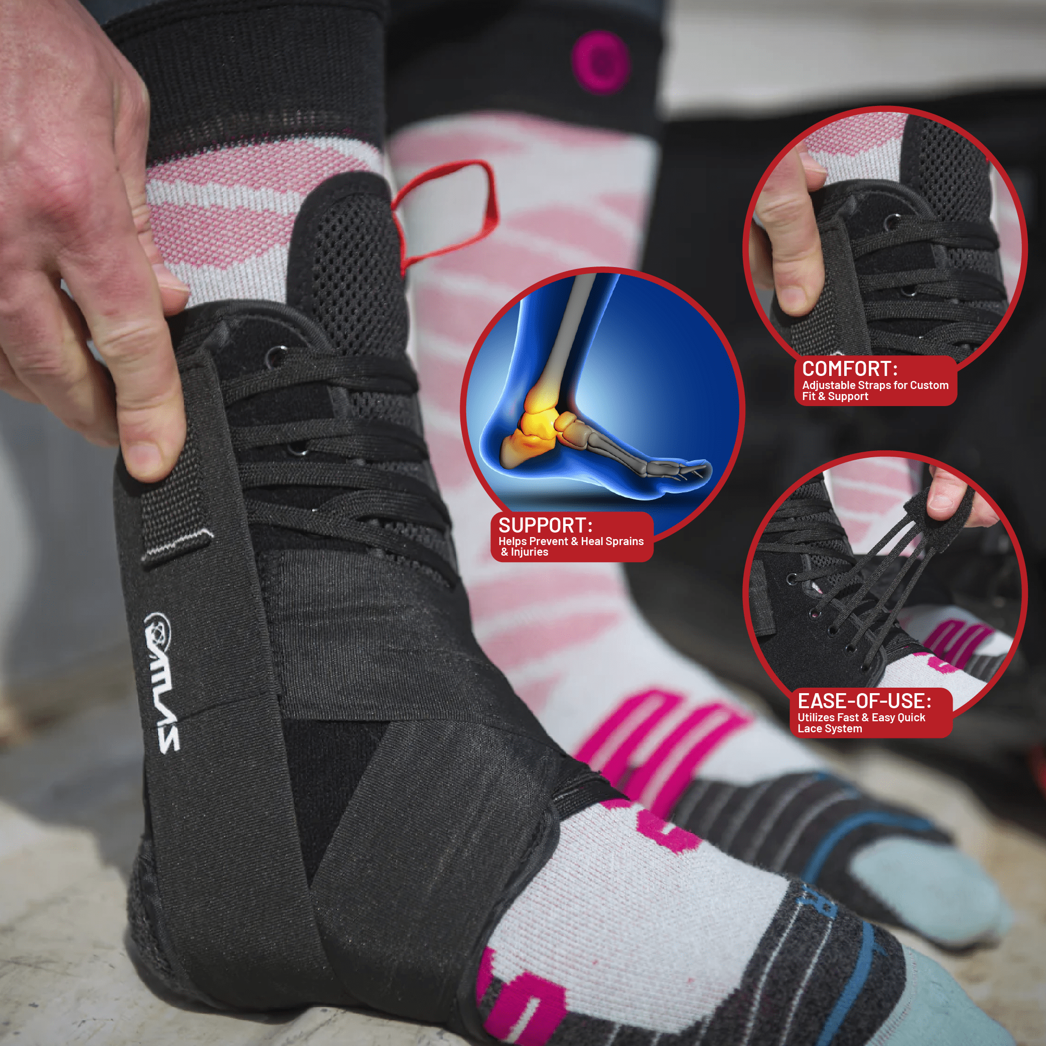 Atlas A2060-01-020 Ankle Brace Black, LG/XL, CE Certified, Reversible Design for Left or Right Ankle, Adjustable Support for Sports and Injury Recovery