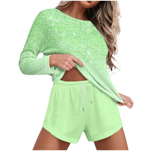 Bowake Ensemble de Détente Deux Pièces pour Femmes Pull à Manches Longues et Short Ensemble de Pyjama en Coton pour Femmes