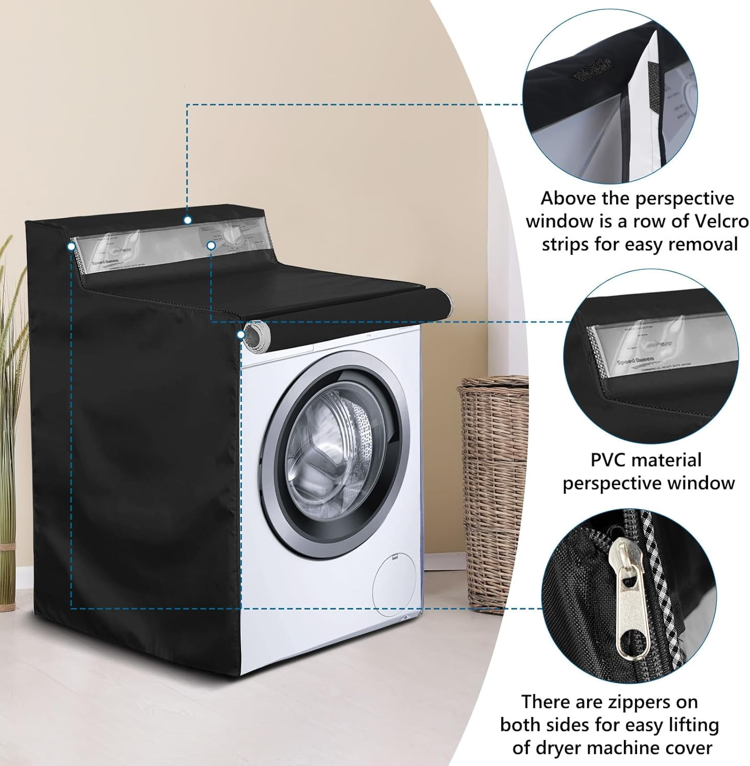ABPETE 1 Pack Washing Machine Cover, Waterproof Dustproof Washer Dryer Cover with Zipper and Perspective Window ,Fit for Front Load or Top Washer and Dryer 27"Wx26"Dx43"H,Black