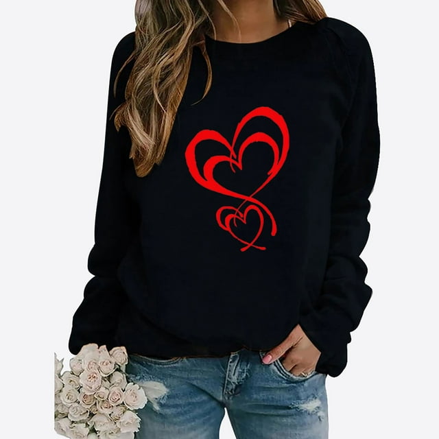 Jsaierl Hauts de la Saint-Valentin pour Femmes T-Shirts Mignons à Imprimé Cœur d'Amour Décontractés à Manches Longues T-Shirts Tendance à Col Rond Blouses 2025