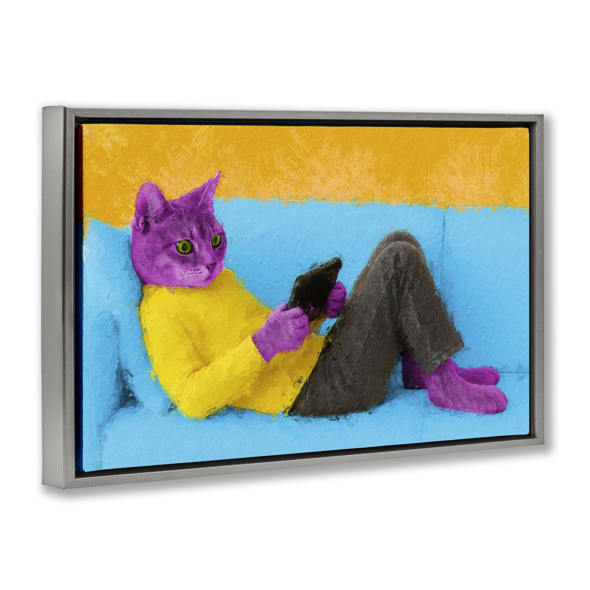 Stupell Industries Vibrant Cat Playing Game Gray Framed Floater Canvas Wall Art, design by Sean Parnell