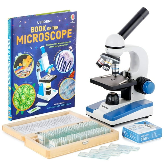 AmScope 40X-1000X Portable Student Compound LED Microscope Kit with Book, Prepared & Blank Slides
