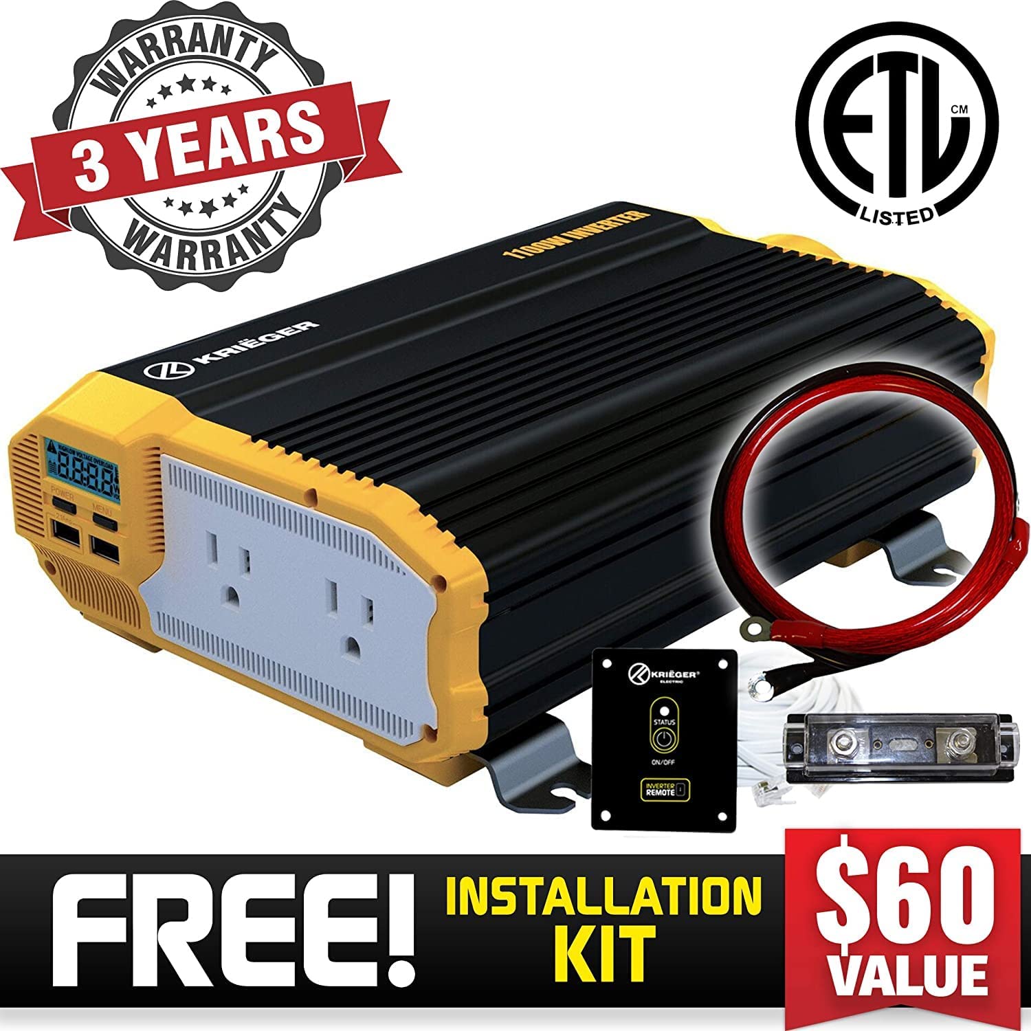 KRIEGER KR1100 12V/110VAC 1100-Watt Continuous 6000-Watt Surge Power Inverter
