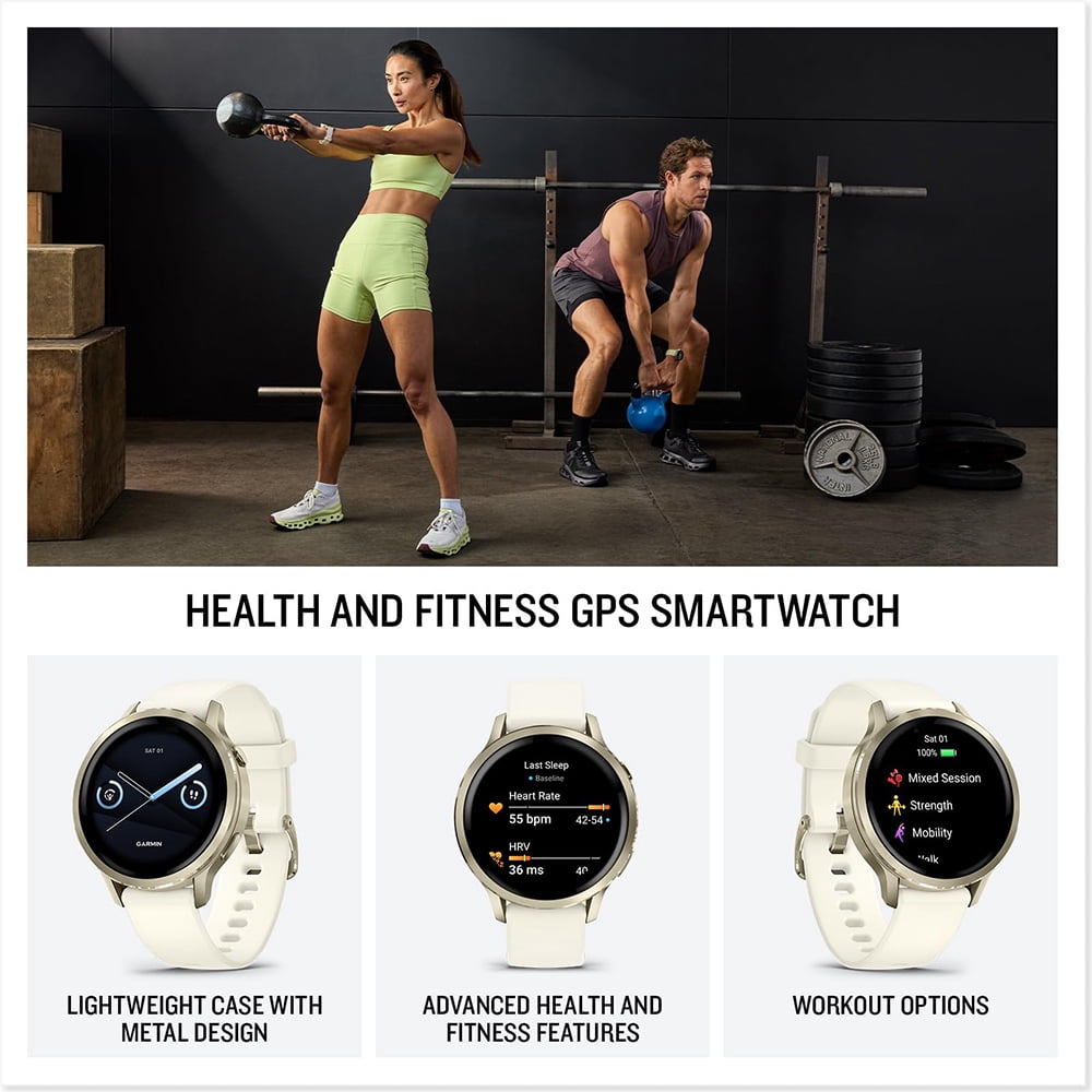 Garmin 010-03013-00 Venu 4, 41mm Health & Fitness GPS Smartwatch, Lunar Gold with Bone Silicone Band Bundle with 2 YR CPS Extended Warranty