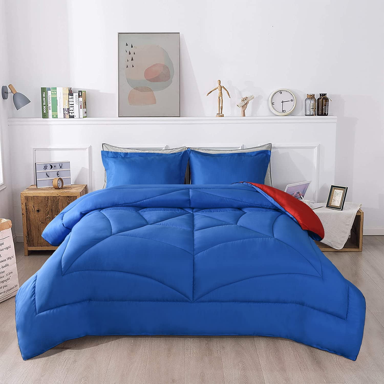 3Piece All Season Blue Down Alternative Comforter Set for King Size Bed Unique Stitching 4
